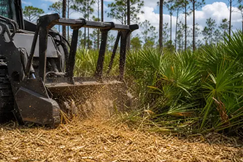 Tracked forestry mulcher processing dense palmetto beneath retained pines on a Lehigh Acres lot