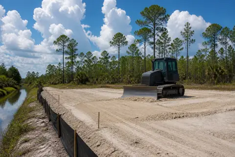 Compact track loader shaping sandy grade beside a drainage swale on a Lehigh Acres lot