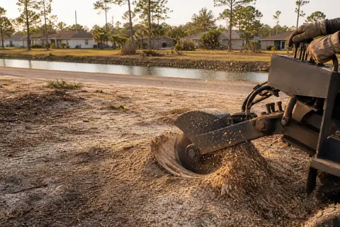 Stump grinder reducing a broad tree base on sandy soil beside a Lehigh Acres fence
